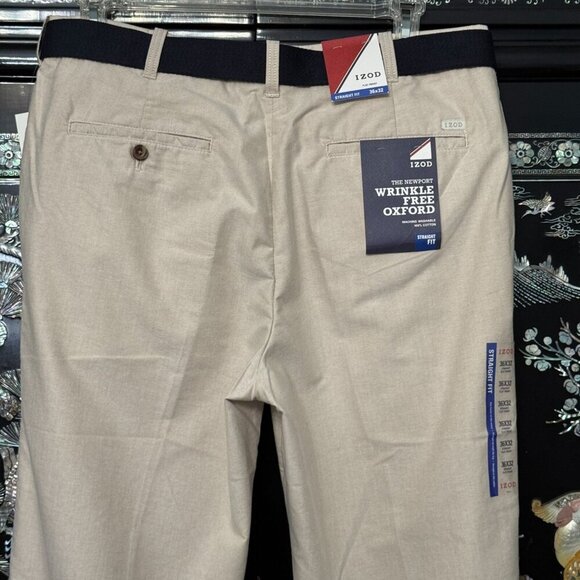 Izod Newport Wrinkle-Free Oxford Tan Khaki Chino Straight Pants & Belt 36x32 NWT - Picture 1 of 16